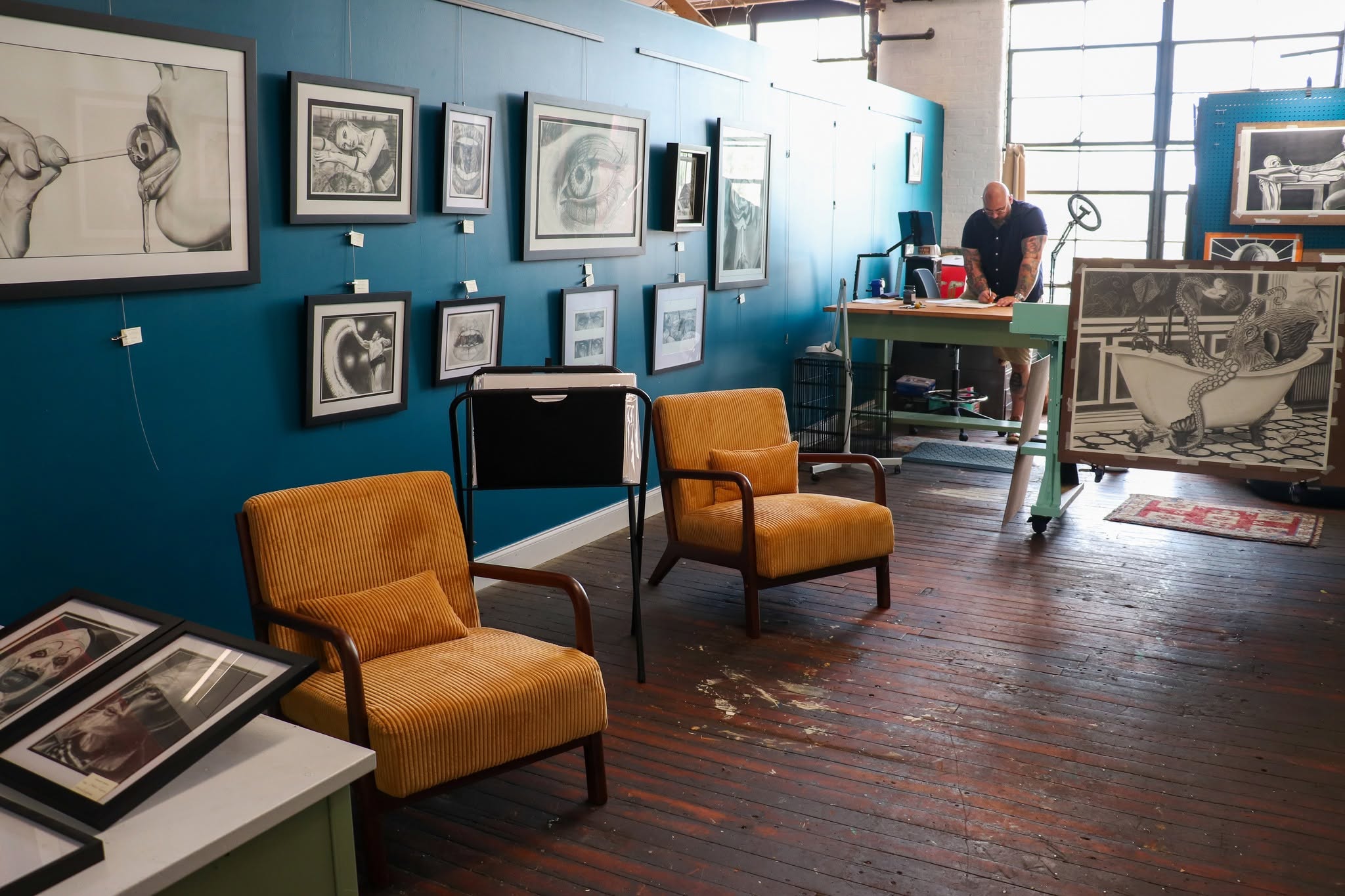 inside a blue studio space